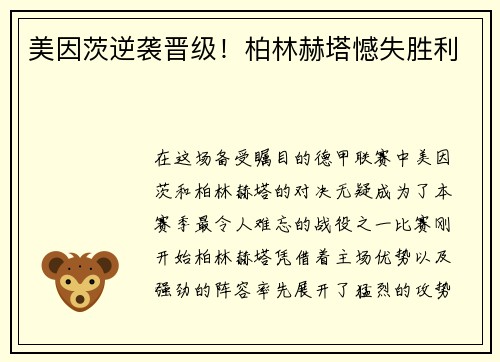 美因茨逆袭晋级！柏林赫塔憾失胜利